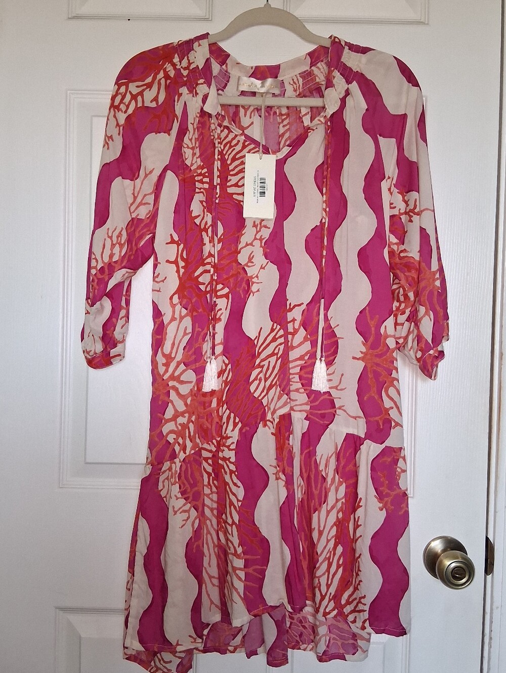 Natalie Martin Pink & Coral Wave-Print Tie-Neck Dress